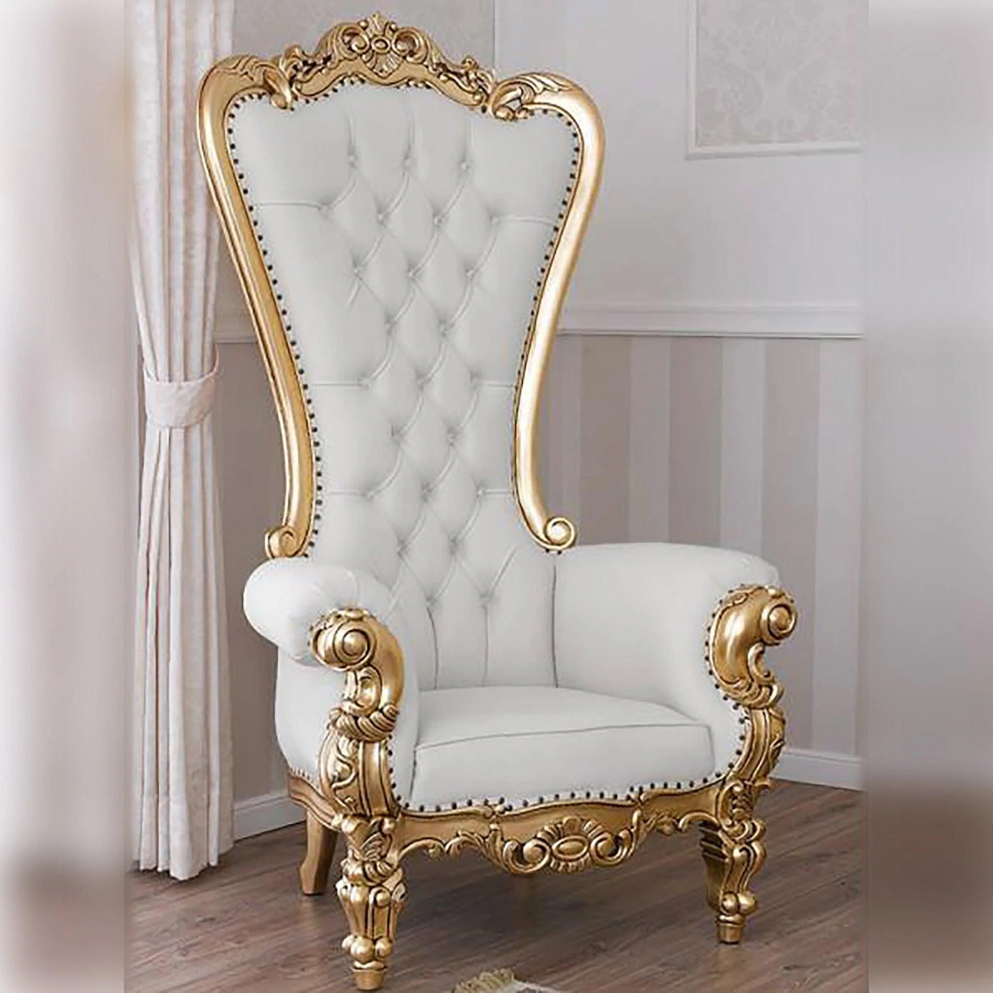 Furnish Lap Luxurious High Back throne Gold Leaf & Buttons Chair