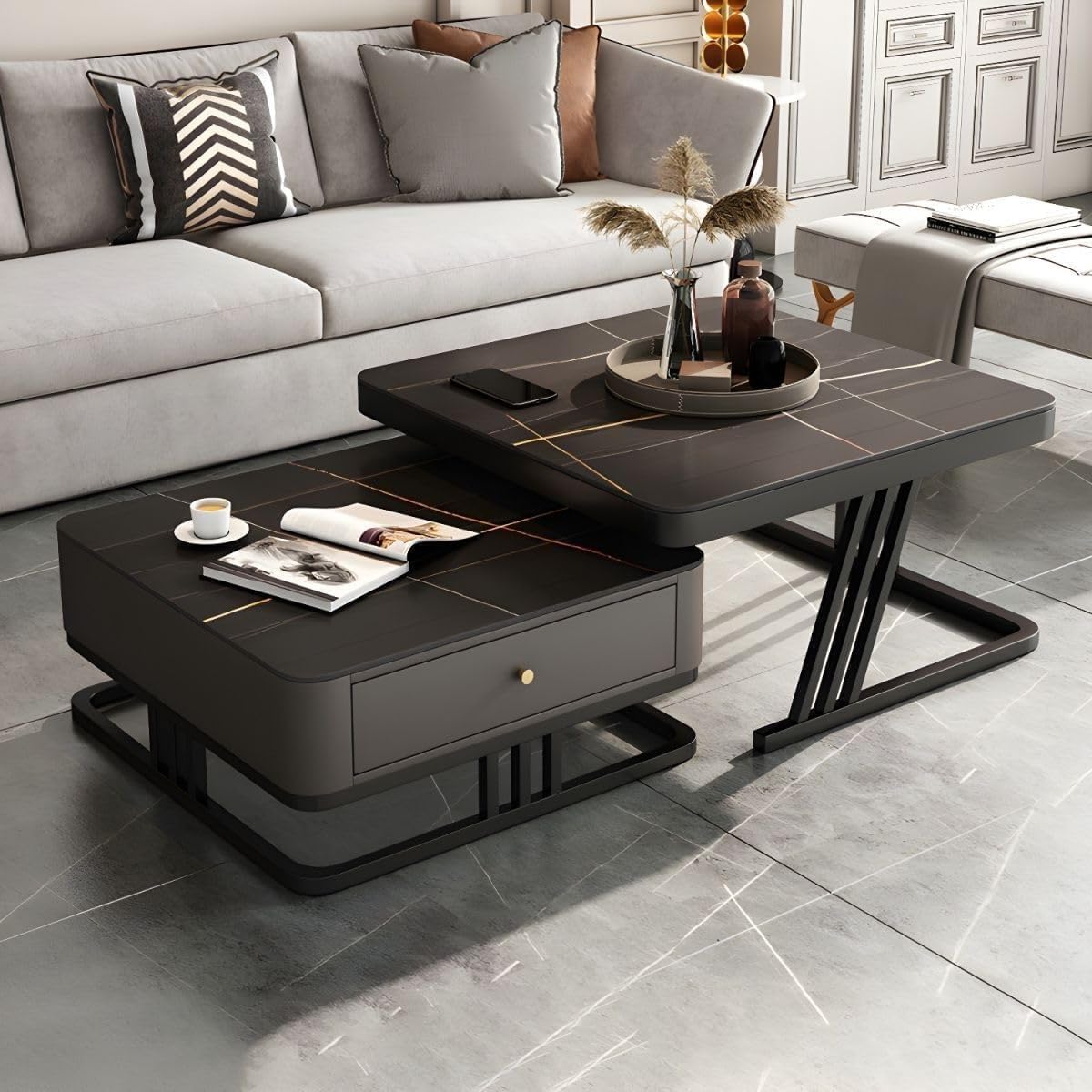 Furnish Lap Marble Look Coffee Table Set of 2 Cross Design (Black )
