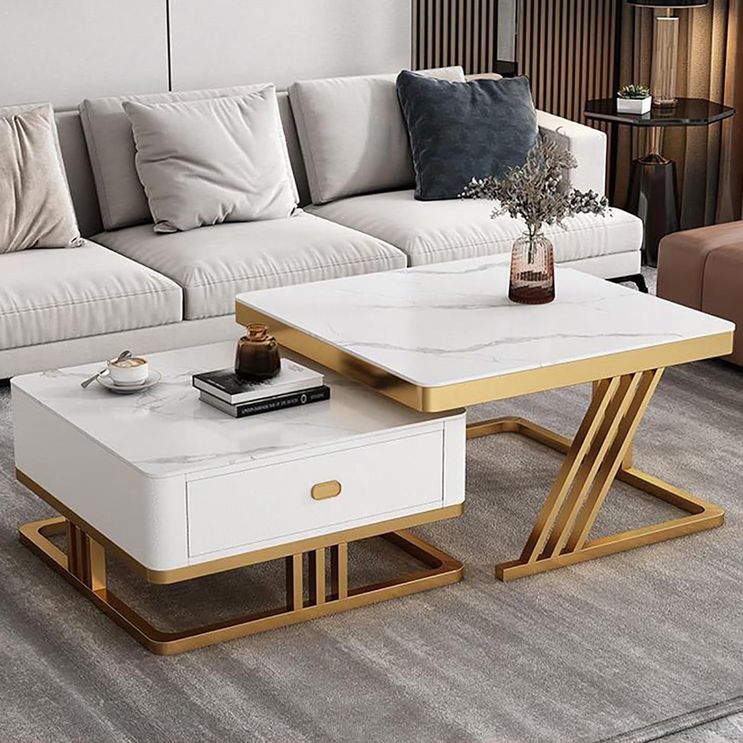 Furnish Lap - Marble Look Coffee Table Set of 2 Cross Design ( White Golden )