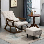Furnish Lap Modern Rocking Chair with Button Tufted Footrest Velvet Fabric(Beige)