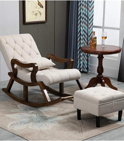 Furnish Lap Modern Rocking Chair with Button Tufted Footrest Velvet Fabric(Beige)