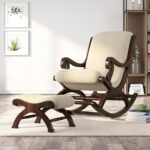 Furnish Lap Solid Sheesham Wood Rocking Chair for Adults with Cushion and Foot Stool Beige