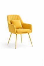 Furnish Lap Velvet Upholstered Modern Accent Arm Chair with Cushion - Golden Legs (Yellow)