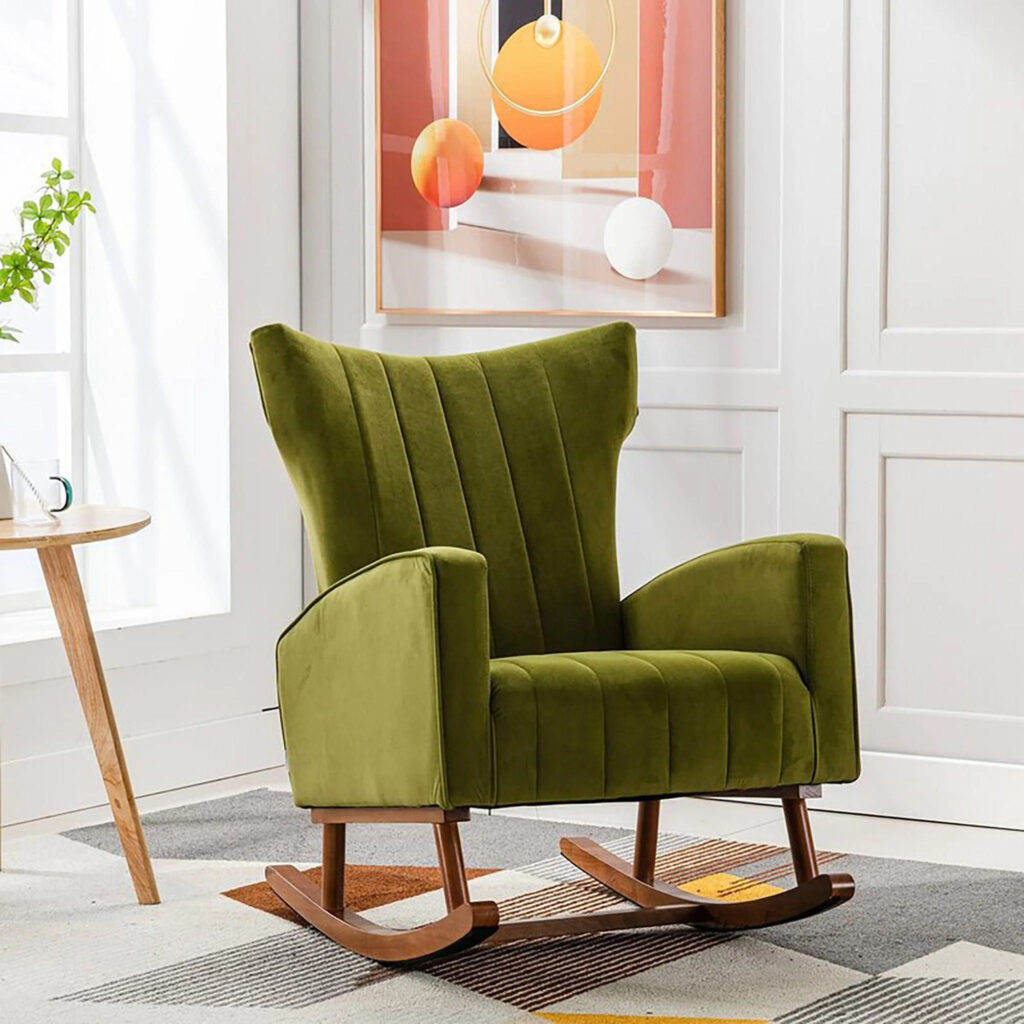 Furnish Lap Wooden Velvet Accent Rocking Chair (Green )