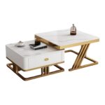 Furnish Lap Marble Look Coffee Table Set of 2 Cross Design (White Golden )