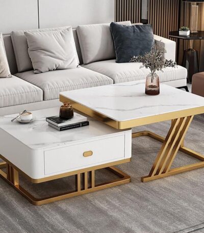 Furnish Lap Marble Look Coffee Table Set of 2 Cross Design ( White Golden )