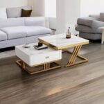Furnish Lap Marble Look Coffee Table Set of 2 Cross Design ( White Golden)