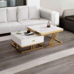 Furnish Lap Marble Look Coffee Table Set of 2 Cross Design (White Golden)