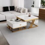 Furnish Lap Marble Look Coffee Tables Set of 2 Cross Design ( White Golden )