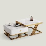 Furnish Lap Marble Look Coffee Tables Set of 2 Cross Design (White Golden)