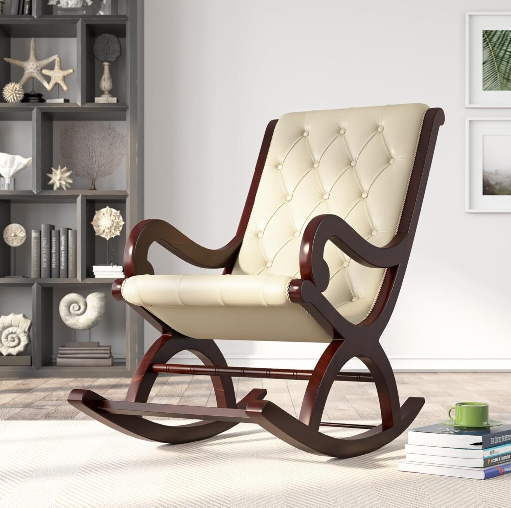 Furnish Lap - Solid Sheesham Wood Leatherate Rocking Chair for Adults for Living Room Cream 7