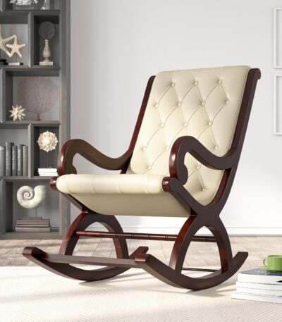 Furnish Lap - Solid Sheesham Wood Leatherate Rocking Chair for Adults for Living Room Cream 7